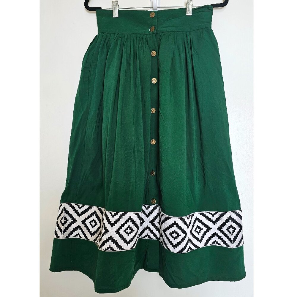Ikalook High-Waisted A-Line African Emerald Midi Skirt w/ Headband, 28”/US 8/M